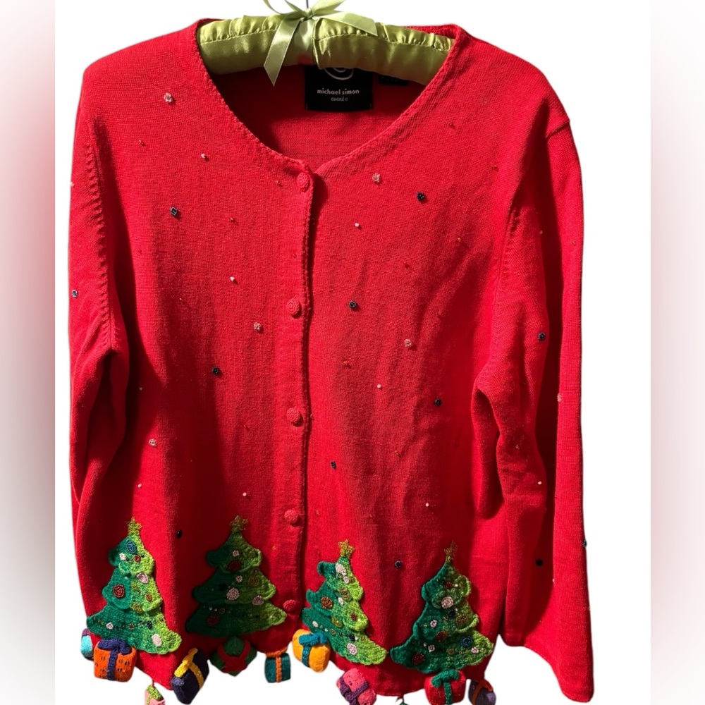 Vintage Christmas Hand Embroidered Cardigan Rare By Michael Simon